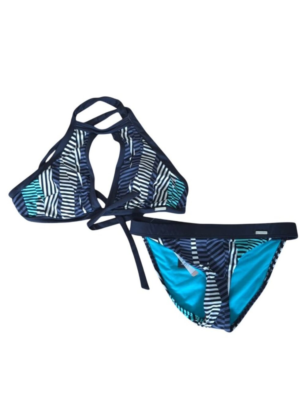 Sunseeker Bikini Set Striped Halter Tie Swimwear Size 12 Blue Black NWT